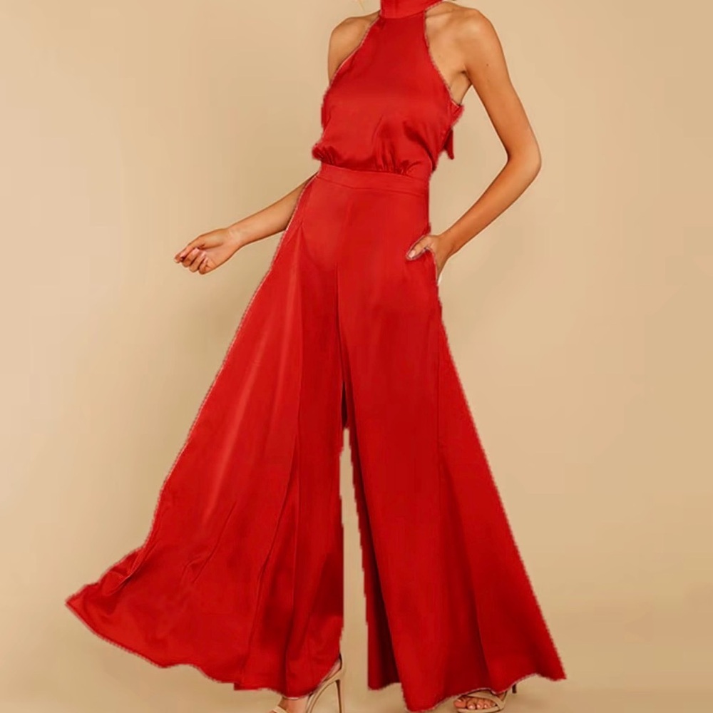 Elegant Red Halter Jumpsuit - Picture 3 of 3